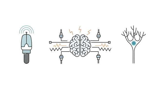 Line art illustration depicting a wireless sensor, a brain connected to technology, and a neuron cell, representing neuroscience and technology concepts.