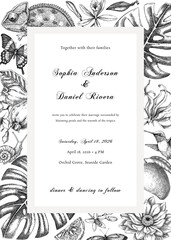 Tropical leaves frame in sketch style. Exotic animals, palm leaves, tropical flower hand drawn vector illustration. Wedding invitation design. Not AI generated 