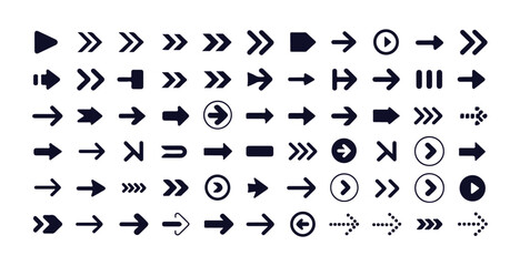 Set of black universal multiple arrows collection, various shapes pointer signs, web and app interface symbols