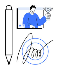 Award-winning individual showcased on digital screen holding a trophy, pen illustration, and a signature graphic. Ideal for leadership, success, digital creativity, e-learning, achievement, signing