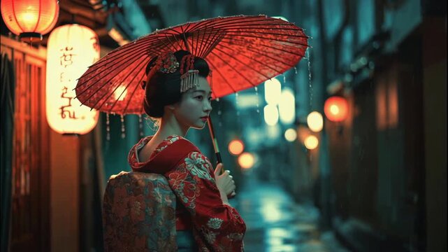 Maiko Looking Back with Red Umbrella in Night Street
