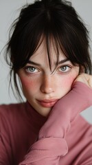 Fototapeta premium Portrait d'une jeune femme aux yeux verts portant un pull rose