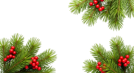 Realistic Christmas Pine Tree Branches and Red Holly Berries Corner Border Isolated on transparent background