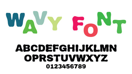 Colorful wavy font vector art with playful rounded letters, black uppercase alphabet and numbers set on white background in bold quirky style for kids designs
