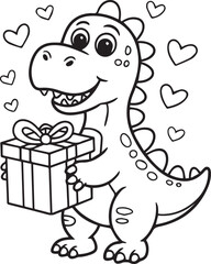 Happy cartoon dinosaur with present and floating hearts