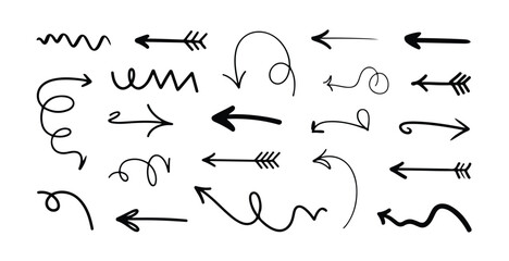 A comprehensive set of hand drawn doodle arrows illustrating various directions and stylistic variations