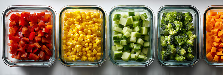 Glass meal prep containers filled with chopped fresh vegetables including corn peppers and broccoli