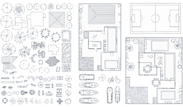 Set of Top View Architectural and Landscape Design Symbols Vector Collection for Plan Drawing