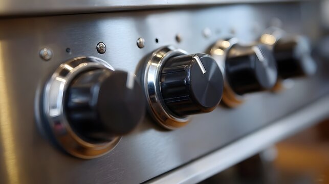 Close up of modern stainless steel control knobs on a professional kitchen appliance