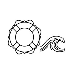 A simple line drawing of a life preserver and a wave on a white background