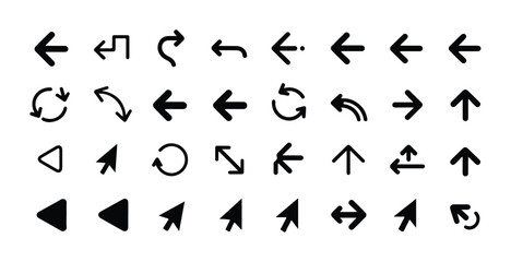 Collection of various black arrow icons pointing in different directions isolated on white background