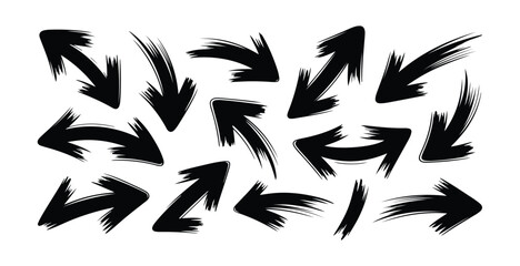 Set of black hand drawn arrows grunge style isolated on white background pointer direction sign