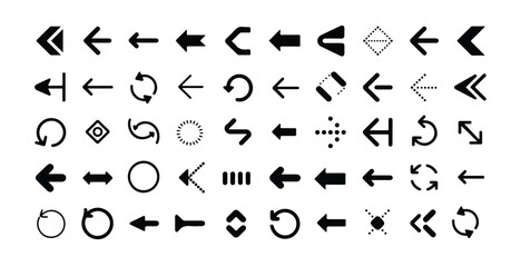 Set of black arrows isolated on white background geometric shapes pointing left and other directions