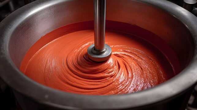 Close up of vibrant orange viscous liquid being smoothly mixed in a large industrial stainless steel vat by a central stirring rod creating dynamic