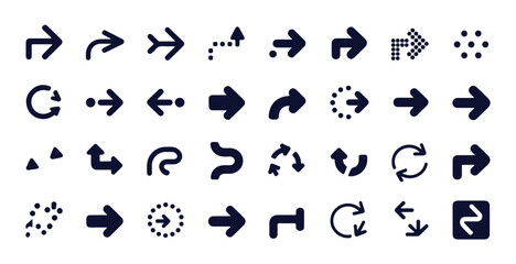 Set of black vector arrows isolated on white background, different shapes and directions, collection of signs