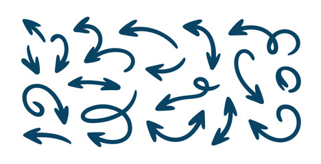 Hand drawn blue arrows collection, various shapes and directions, curved pointers, isolated on white background