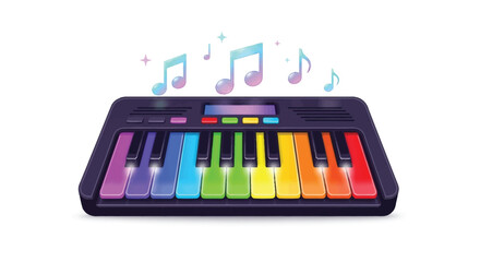 Colorful keyboard with musical notes floating above a vibrant musical instrument 1.