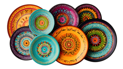 Vibrant collection of hand-painted decorative plates featuring colorful artistic mandala patterns perfect for home décor cultural crafts and creative design displays on white background