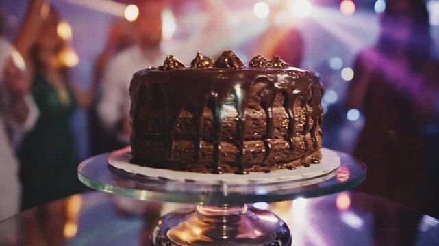 A rich chocolate layer cake with glossy ganache drips sits on a glass pedestal at a dimly lit party with a blurry festive background of lights and people