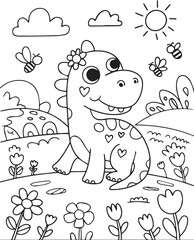 Adorable Dinosaur Friend Among Flowers for Kids Coloring Fun