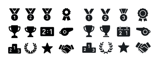 Fototapeta premium Icons of medals, trophies, awards, and sports symbols in black and white