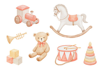 Rocking horse, vintage teddy bear and trumpet, hand drawn watercolor pastel illustrations set isolated on white background