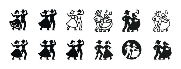 Fototapeta premium Silhouettes of couples dancing in various traditional styles and poses