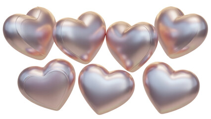 Collection of shiny pearl pink hearts, symbol of love and care isolated on transparent background