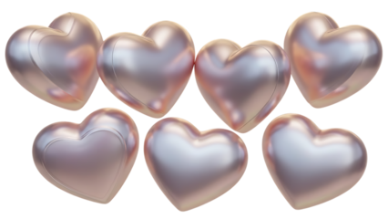 Collection of shiny pearl pink hearts, symbol of love and care isolated on transparent background