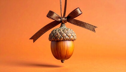 Single Acorn Hanging from Brown Ribbon on Warm Autumn Background