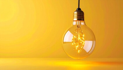Glowing LED String Light Bulb Hanging Against Solid Yellow Background