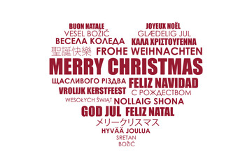 merry christmas greetings with heart text in different languages vector illustration