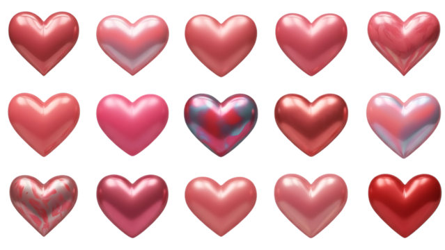 Various red and pink glossy hearts representing love and romance isolated on transparent background - Powered by Adobe