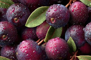 Acai Berry cluster pattern glistening with dew dark purple and green tones organic superfood branding seamless pattern background