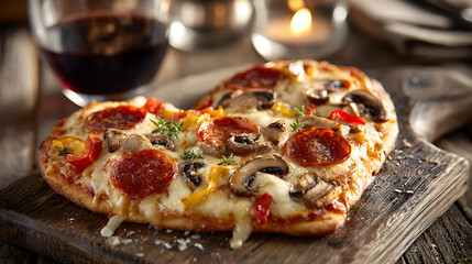 Delicious heart shaped pizza with red wine on wooden table