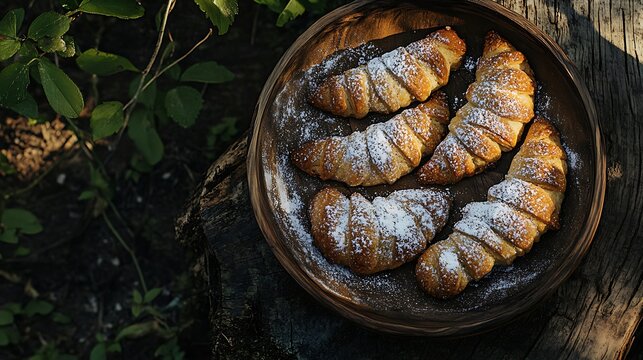 Almond crescent cookies on bowl with powdered sugar simple and rustic presentation on candal on modern outdoor