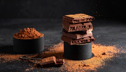 Stack of Chocolate Bars with Cocoa Powder on Dark Textured Surface