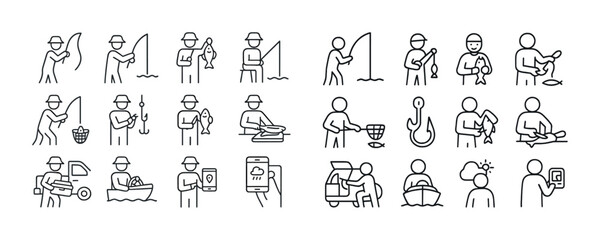Fishing icons collection: activities, equipment, and weather monitoring