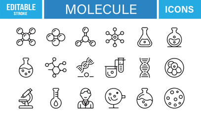 Naklejka premium Clean Molecule Symbol Collection Including Chemical Structures, Microscopes, DNA, Labware, Cells, and Experiment Tools