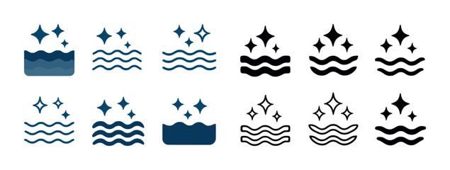 Naklejka premium Collection of abstract water waves and sparkles icons in blue and black
