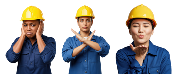 Three diverse young adult women, construction workers in hard hats and blue uniforms, expressing various emotions and gestures on a transparent background.
