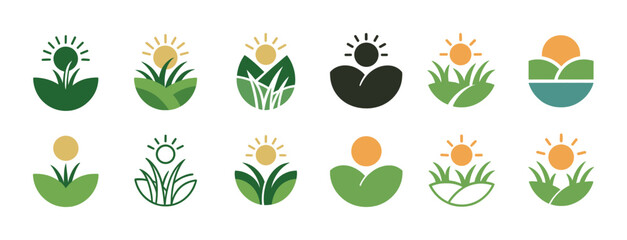 Collection of eco-friendly nature icon designs with sun and plant motifs
