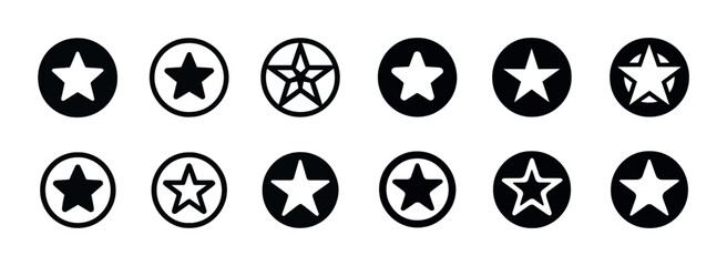 Set of 12 black and white star icons in circles with varied designs