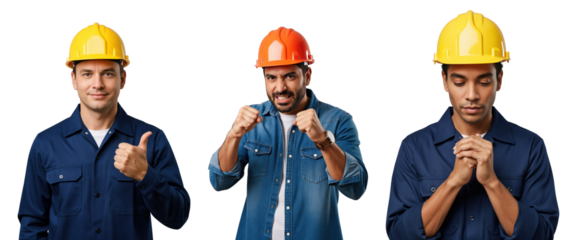 Diverse group of three male construction workers in hard hats showing various emotions and gestures, including thumbs up, anger, and prayer, against a transparent background.