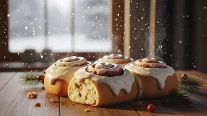 Freshly baked cinnamon rolls on a rustic wooden table, snow outside the window