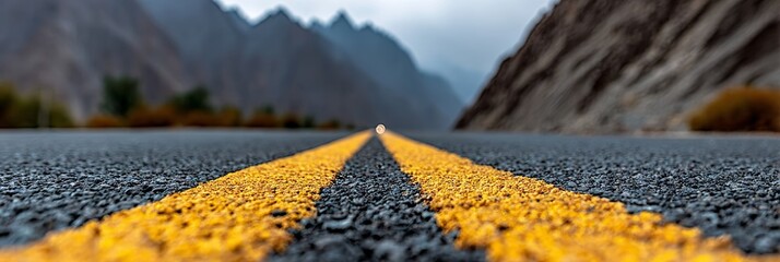 Vibrant Desert Mountain Road with Bold Yellow Stripe on Dark Asphalt Surrounded by Scenic Landscape
