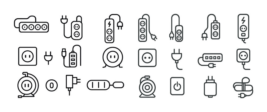 Various electrical outlets and plugs line art icons set