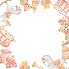 Watercolor square frame template with vintage toys on neutral colors. Border for baby shower invitations and birthday cards. Hand drawn illustrations