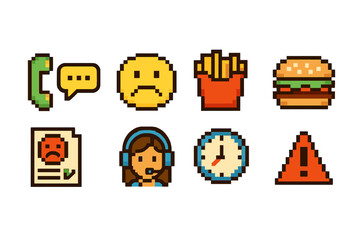 Naklejka premium Retro pixel art icon set. Food, alerts, communication pixel icons collection.