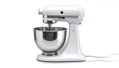 A classic white stand mixer with a silver bowl stands on a white background